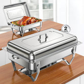 WARMOUNTS Chafing Dishes for Buffet 9QT 2 Pack, Easily Assemble Food Grade 430 Stainless Steel Chafing Dish Buffet Set w/Foldable Frame, No Finger Cut Chafers for Catering, Party (Full Size Pan)