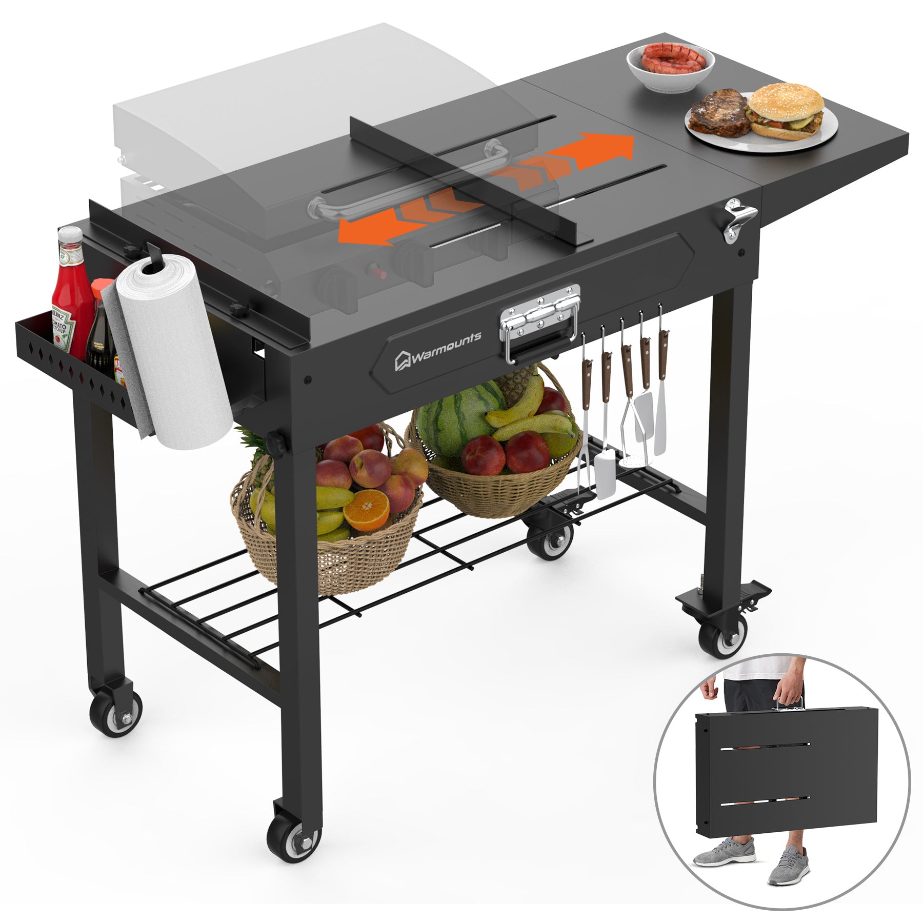 grill-table-portable-folding-cart-adjustable-loading-400-lb-front-view