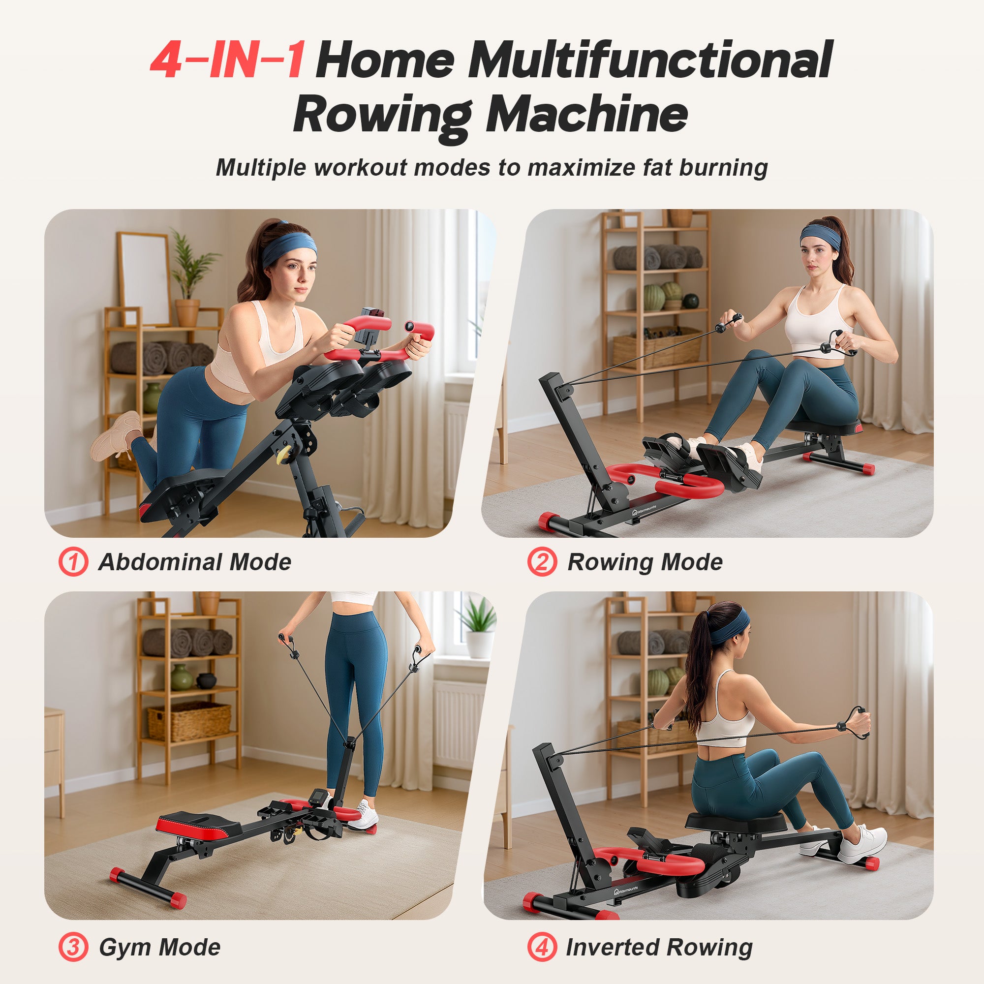 Ab Machine, 4 in 1 Foldable Rowing Full Body Trainer - WARMOUNTS